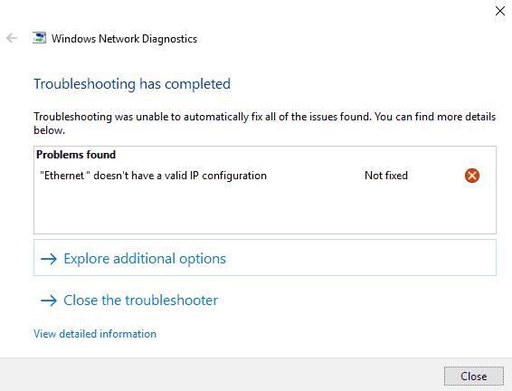 Ethernet Doesn’t Have a Valid IP Configuration