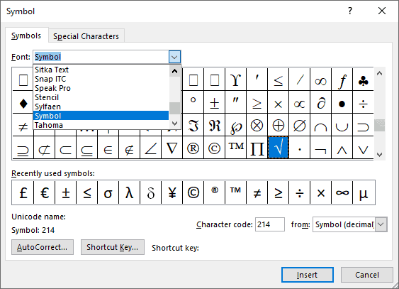 Insert a Square Root Symbol