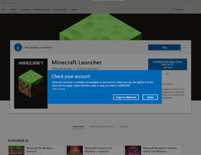 Minecraft Error 0x803f8001