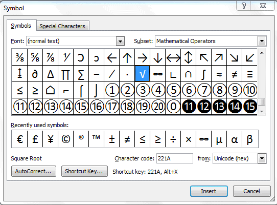 Insert a Square Root Symbol