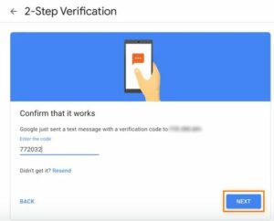 Enter the Google Verification code into your Google Account 2FA settings, then click Next