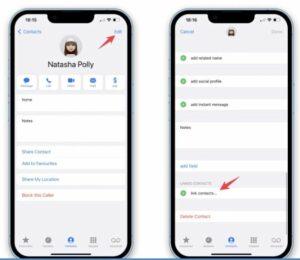On the Edit screen, scroll down to find the Link Contacts option with a green plus sign next to it. Tap on it