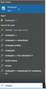 typing Notepad in the search box 